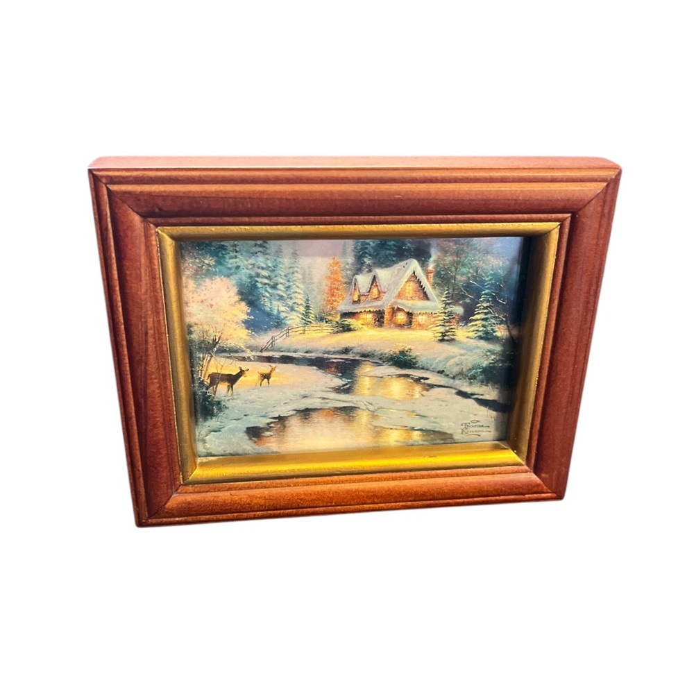 Vintage Thomas Kinkade Deer Creek Cottage Art Mini with Rich Brown Frame  4X6